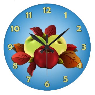 Autumn Apples and Dogwood Leaves on Blue Round Wall Clocks