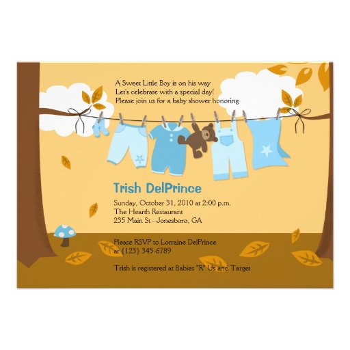 Autumn Baby Clothesline Blue BOY 5x7 Baby Shower Personalized Invitations