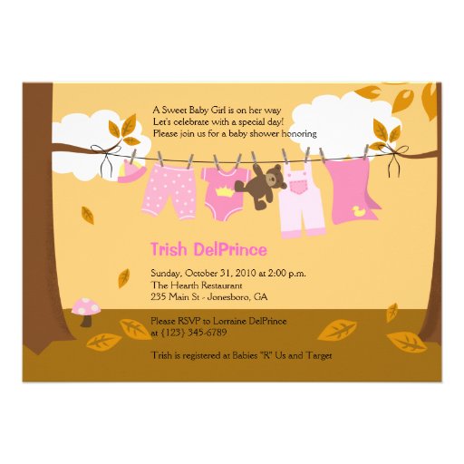 Autumn Baby Clothesline Pink Girl 5x7 Baby Shower Custom Invitation