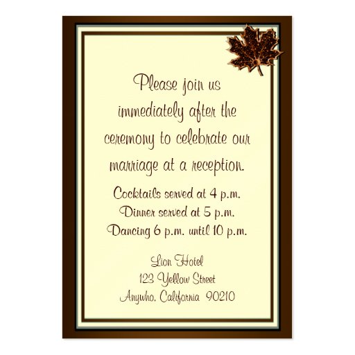 Autumn Brown & Fall Gold Wedding Reception Cards Business Card Template (back side)