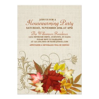 Autumn Burlap & Leaves Housewarming Invitation