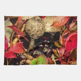 Autumn Fall leaves, chestnuts and mushrooms Kitchen Towel