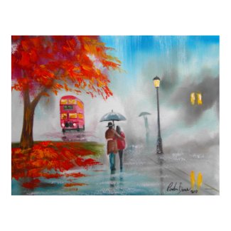 Autumn fall rainy day red bus couple print