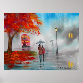 Autumn fall rainy day red bus couple poster