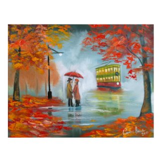 Autumn fall rainy day red umbrella romantic couple print