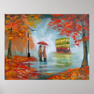 Autumn fall rainy day red umbrella romantic couple posters