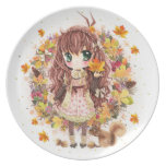 Autumn girl and cute squirell plates