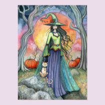 Autumn Halloween Witch Cat Art Poster Print