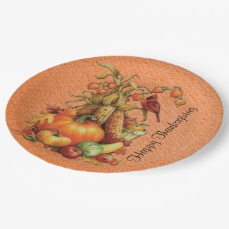 Autumn Harvest Happy Thanksgiving Orange Plates 9 Inch Paper Plate