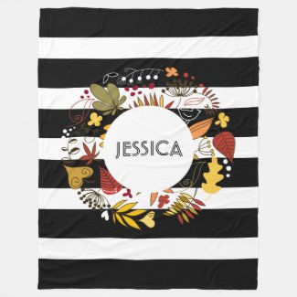 Autumn Leafs And Black & White Stripes Fleece Blanket