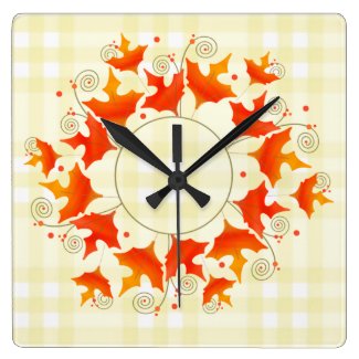 Autumn Leaves and Plaid Square Wall Clocks