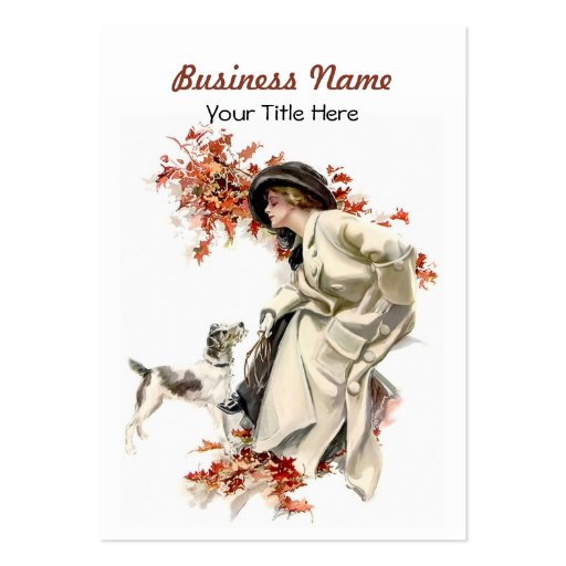 Autumn Leaves Business Card Lady and Dog (front side)