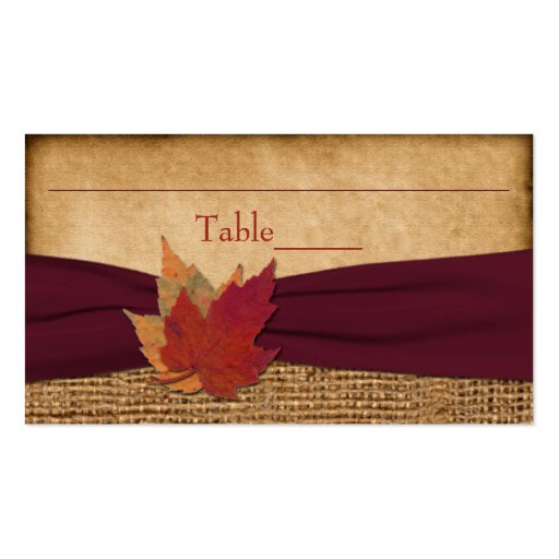 Autumn Leaves, FAUX Burlap Place Card - Wine Business Card Template (front side)