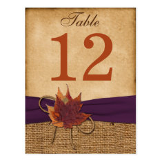 Autumn Leaves, FAUX Burlap Table Number Post Card