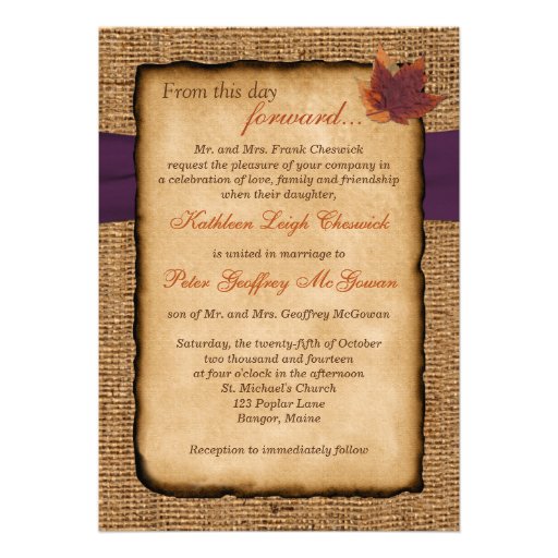 Autumn Leaves, FAUX Burlap Wedding Invitation