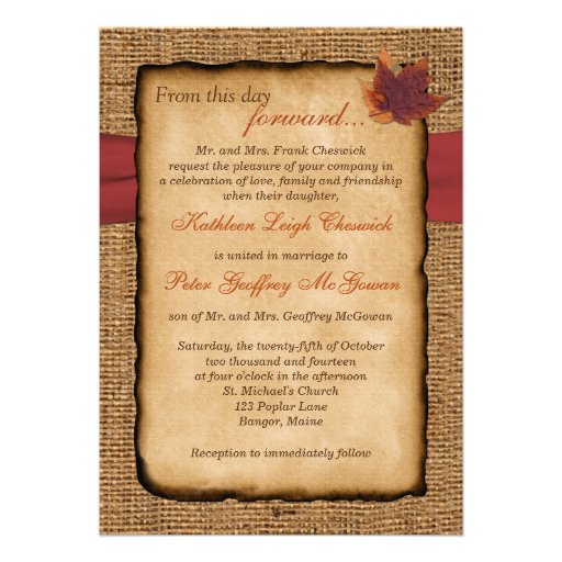 Autumn Leaves, FAUX Burlap Wedding Invitation