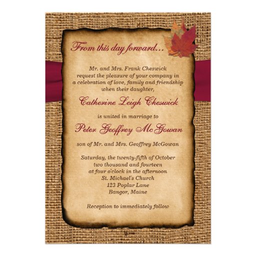 Autumn Leaves, FAUX Burlap Wedding Invitation -Red
