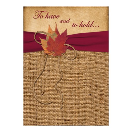 Autumn Leaves, FAUX Burlap Wedding Invitation -Red