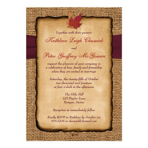 Autumn Leaves, FAUX Burlap Wedding Invite - Wine