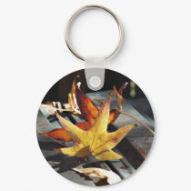 Autumn leaves on a bench keychains