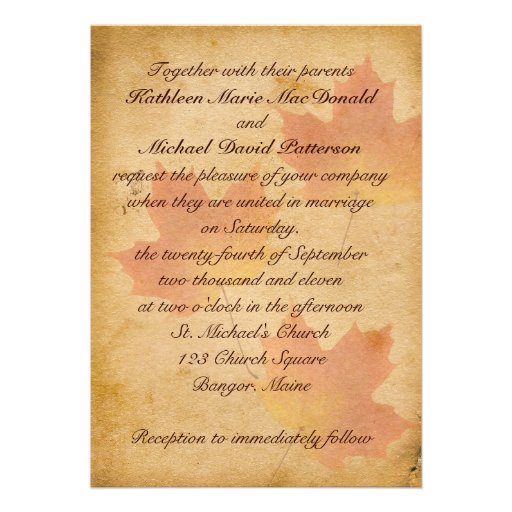 Autumn Leaves on Aged Paper Wedding Invitation