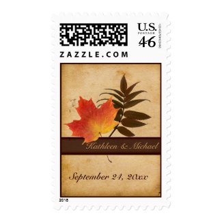 Autumn Leaves on Aged Paper Wedding Postage stamp