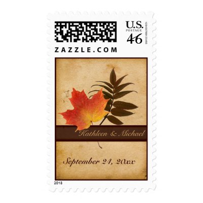 Autumn Leaves on Aged Paper Wedding Postage