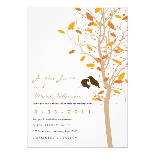 Autumn Love Birds in Tree with Fall Leaves Custom Invites