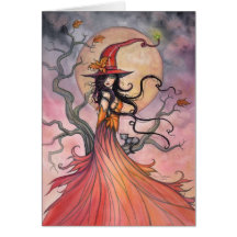 Autumn Magic Witch and Cat Halloween Art Card
