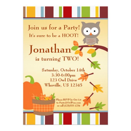 Autumn Owl and Pumpkin Birthday Party Invitation (front side)