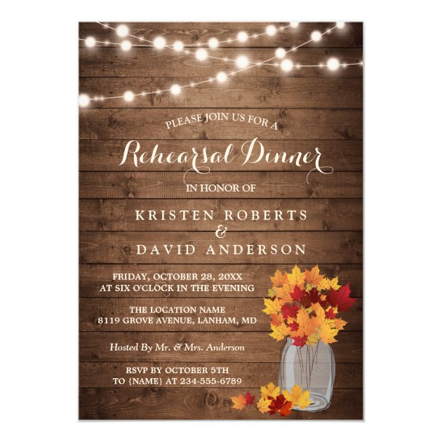 Autumn Rehearsal Dinner Rustic Wood String Lights Card (front side)