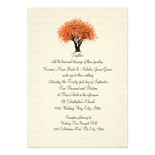 Autumn Tree Dancing Blooms and Text Design Wedding Personalized Invitation