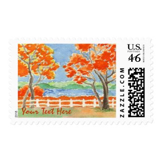 Autumn Trees Lake Landscape Watercolor Painting Stamps