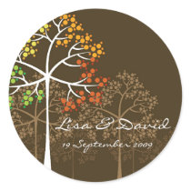 Autumn Trees on Brown Save Date /Thank You Sticker by fat_fa_tin Autumn Trees on Brown Save Date /Thank You Sticker
