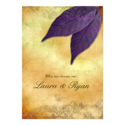 Autumn Wedding Invitation 2 Leaves Purple Cream