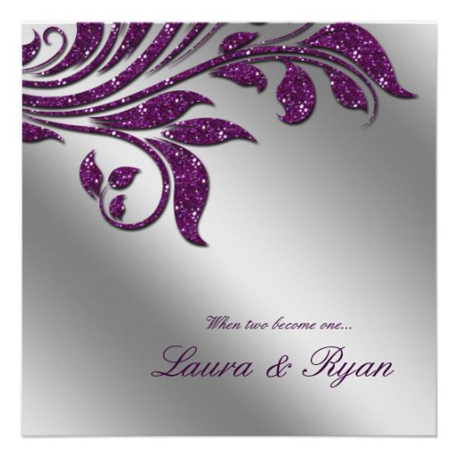 Autumn Wedding Invite Sparkle Leaf Purple Silver (front side)