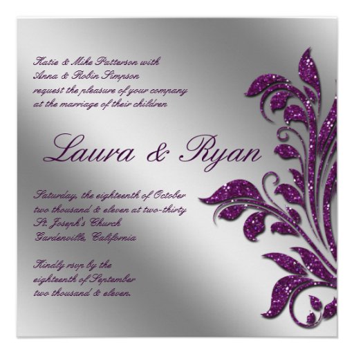 Autumn Wedding Invite Sparkle Leaf Purple Silver