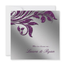 Autumn Wedding Invite Sparkle Leaf Purple Silver