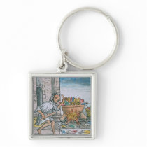 Aztec artisans dyeing feathers keychain