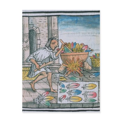 Aztec artisans dyeing feathers post card by bridgemanart