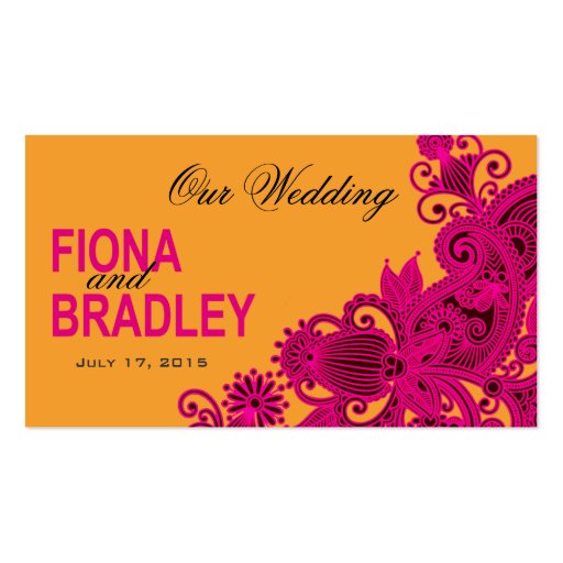 Aztec Paisley Wedding Website fuschia nectarine Business Card Template (front side)