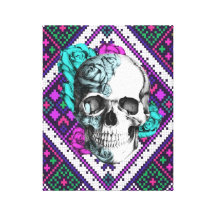 Aztec Rose skull on pixel pattern canvas art. Gallery Wrap Canvas