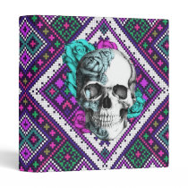 Aztec Rose skull on tribal pixel pattern binder. binders