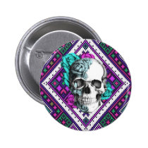 Aztec Rose skull on tribal pixel pattern. buttons