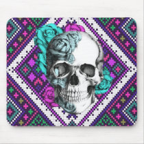 Aztec Rose skull on tribal pixel pattern. mousepads