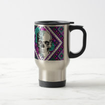 Aztec Rose skull on tribal pixel pattern. mugs