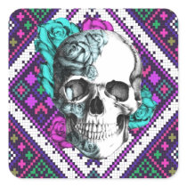 Aztec Rose skull on tribal pixel pattern. stickers