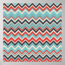 Aztec Tribal Chevron Zig Zag Pattern Red Blue Gray Posters