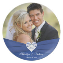 Azul real, placa floral blanca del boda del corazó platos de comidas