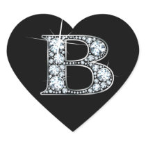 "B" Diamond Bling on Black Heart Sticker